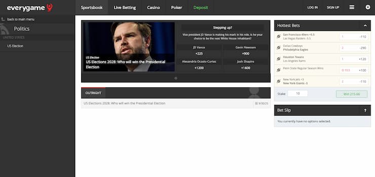 A screenshot of Everygame, one of the best political odds bookmakers.